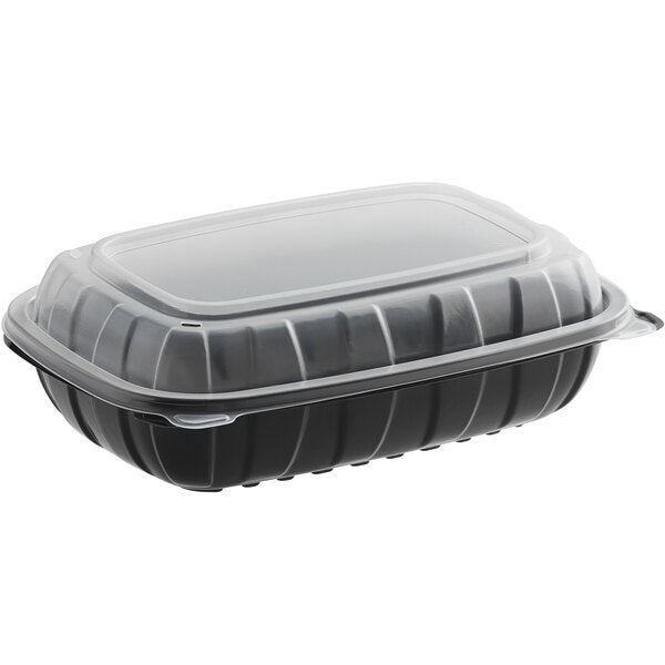 Choice Microwaveable 1-Compartment Black / Clear Plastic Hinged Container - 100/Case