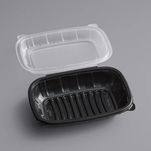 Choice Microwaveable 1-Compartment Black / Clear Plastic Hinged Container - 100/Case