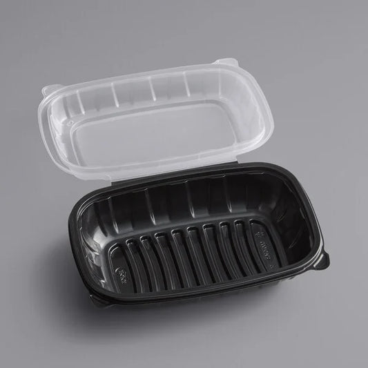 Choice Microwaveable 1-Compartment Black / Clear Plastic Hinged Container - 100/Case